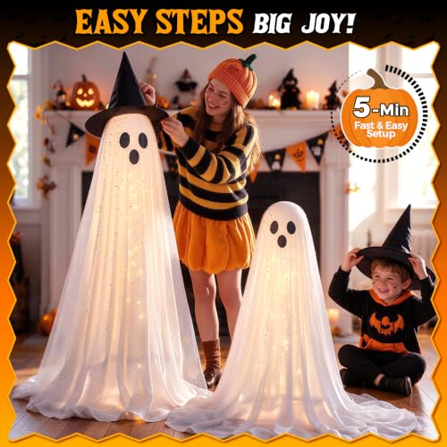White Light Up Ghost Halloween Decorations - 2 Pack, Outdoor & Indoor, Remote & Timer