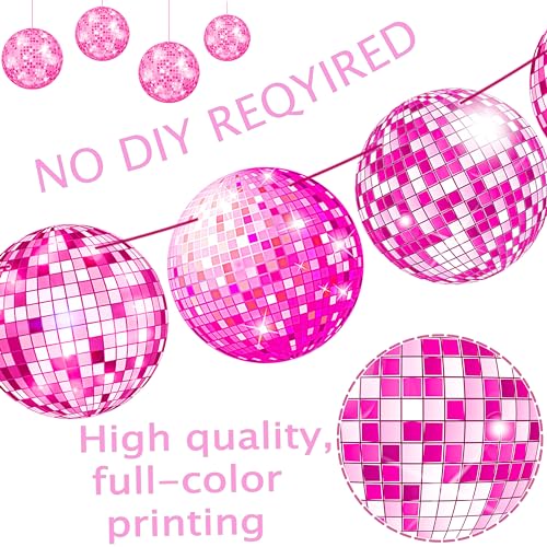 Pink Disco Ball Banners Set of 4 - 70s Party Decorations for Disco Theme Events