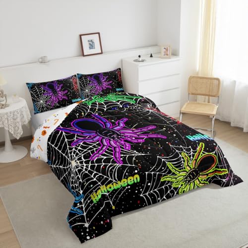 Kids Halloween King Comforter Set Black Purple Spider Web Bedding for Boys Girls - 3Pcs