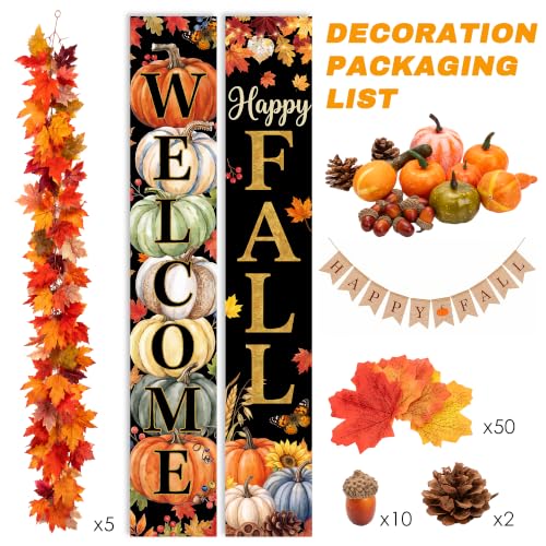 Black Fall Decor Set with Garland & Door Sign - Happy Fall Pumpkin - Fall Maple Leaves