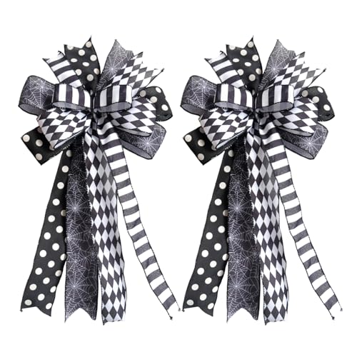 Halloween Black White Bow Set of 2 for Wreath & Home Decor - Spider Web Ribbon