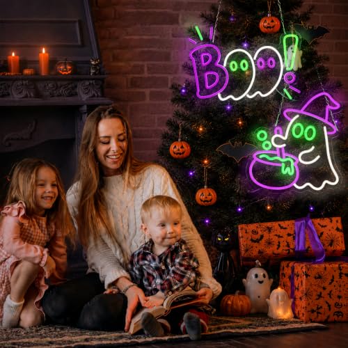 Halloween Neon Sign 2 Pack - Ghost & BOO LED Neon Light Set - Festive Decor