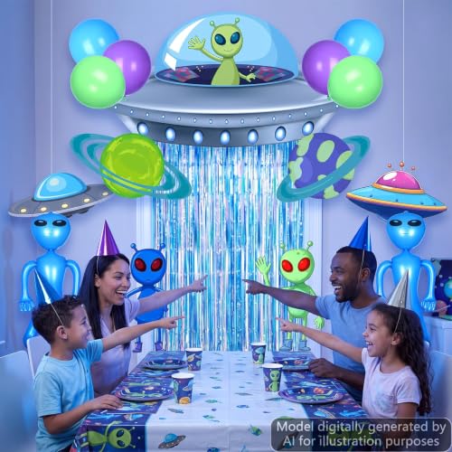Blue Alien UFO Birthday Decorations Kit with Backdrop and Balloons - Alien Party Supplies