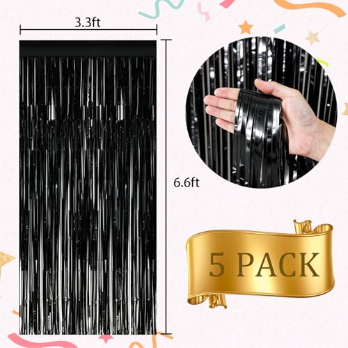 Black Fringe Curtain - 5 Pack Tinsel Foil Backdrop for Party Decorations