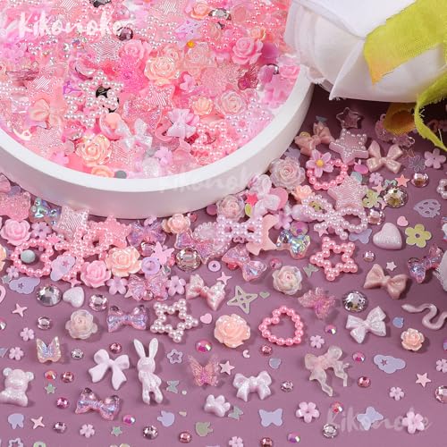 Pink Nail Charms Kit with 3D Gems & Rhinestones - 400+ Pieces for Nail Art & DIY Crafts