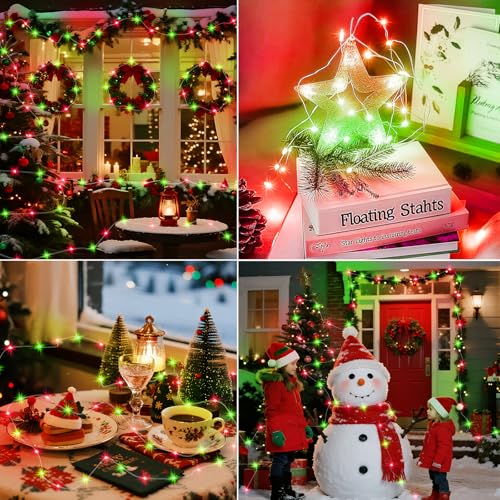 Battery Operated Fairy Lights 7ft 20LED Silver Wire Christmas String Lights - Red & Green, 3 Modes, Waterproof, 24 Pack