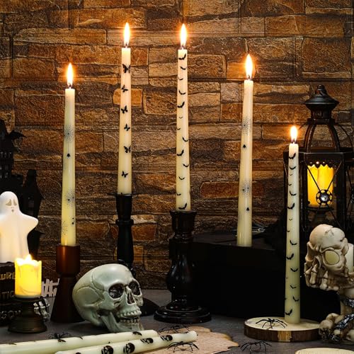Halloween Taper Candles - 12 Pcs Ghost, Skull, Bat & Spider Web Styles, 10.6 Inch