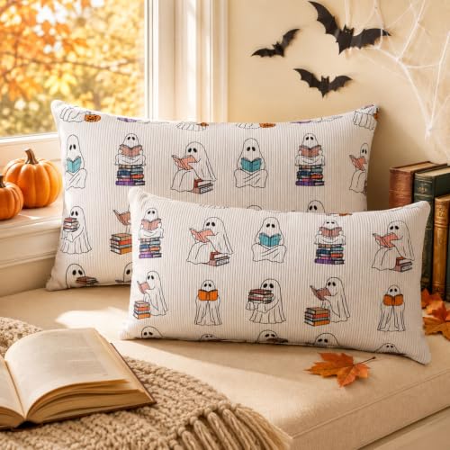 Halloween Ghost Pillow Cover 12x20 Set of 2 - Reading Book Design, Plush Cotton, Fall Decor, Ghost Variation