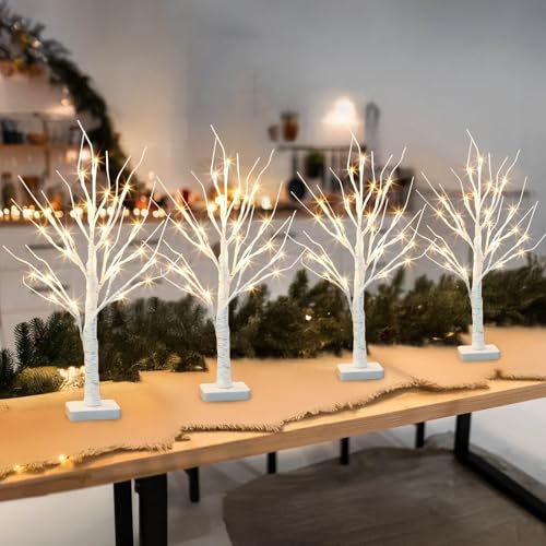 22-Inch Tabletop Birch Tree with LED Lights - Indoor Christmas Decor - Variation of 22inch×4