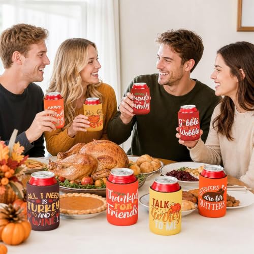 Friendsgiving Can Cooler Sleeves Set - 18 Pack with Fall Designs - Friendsgiving Color