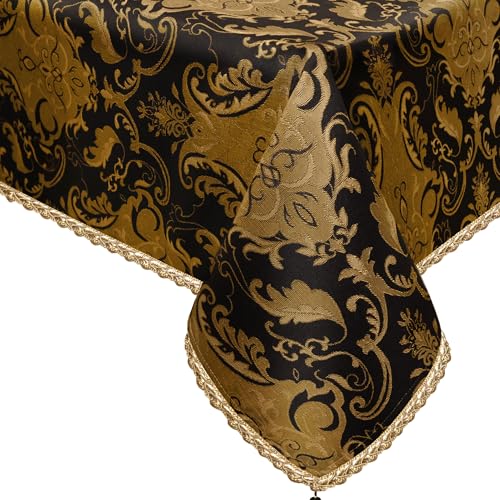 Jacquard Black Damask Fabric Tablecloth 60x104 Inch Luxury Rectangular Cover - Loom and Mill Variation
