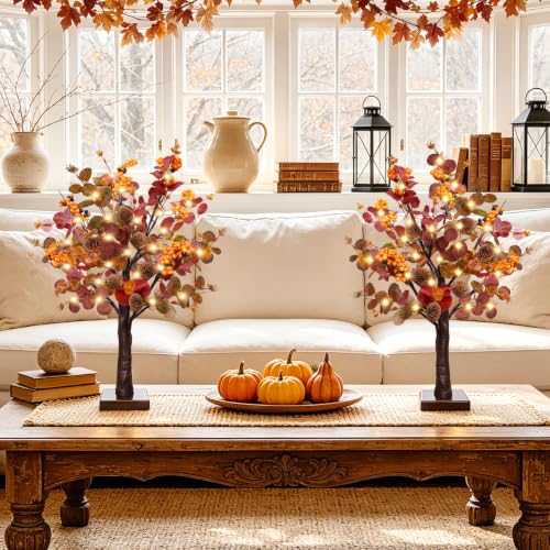 Prelit Fall Trees - 2 Pack 18-Inch Battery-Operated Autumn Decor with Timer