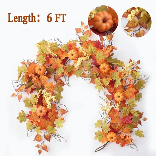 Fall Decor Artificial Maple Leaf Pumpkin Garland - Yellow Pk 6FT Autumn Thanksgiving Halloween