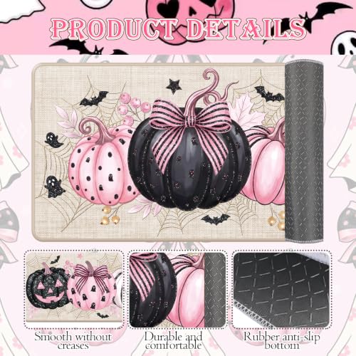 Pink Pumpkin Halloween Kitchen Mats Set of 2 - Feminine Fall Rugs