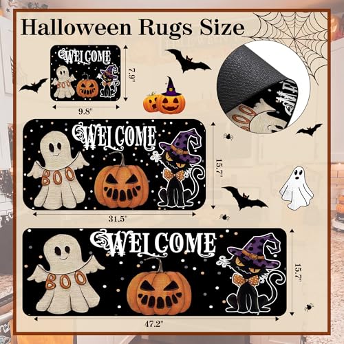 Halloween Kitchen Rugs Set with Non-Slip Mat and Mouse Pad - Ghost & Black Cat Design