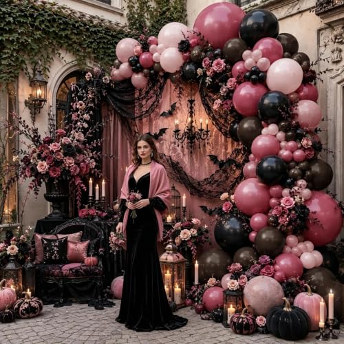 Pink Black Balloon Arch Kit - Double Stuffed Dusty Rose Pink & Brown Balloons - Variation of Pink Black Brown