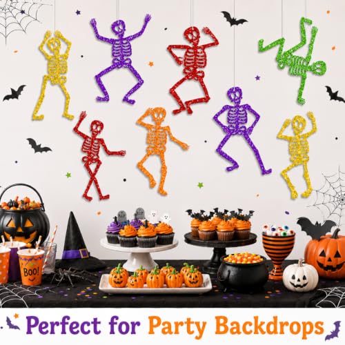 Halloween Skeleton Decorations - 8-Pack Glitter Hanging Skeletons with String - Skeleton Variation