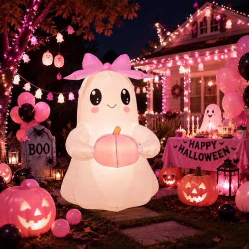6 ft Pink Bow Inflatable Ghost Halloween Yard Decoration with LED Lights - Outdoor Friendly