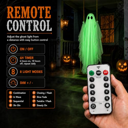 Green Lighted Hanging Ghost Decor with Remote Control - 5FT Outdoor Halloween Spirit