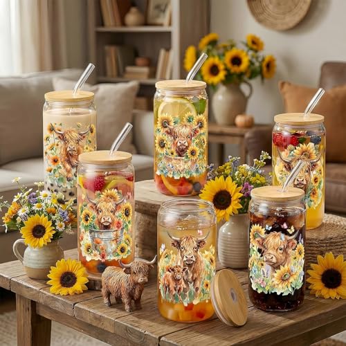 Highland Cow Glass Cups with Lids & Straws - Sunflower Farmhouse 16oz 6-Pack