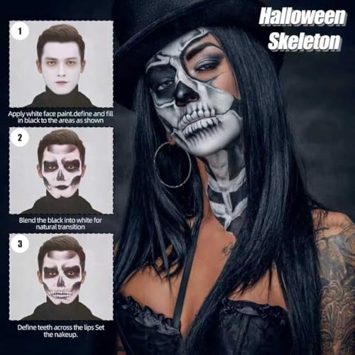Halloween Skeleton Makeup Kit with Face & Body Paint, Brushes & Sponges