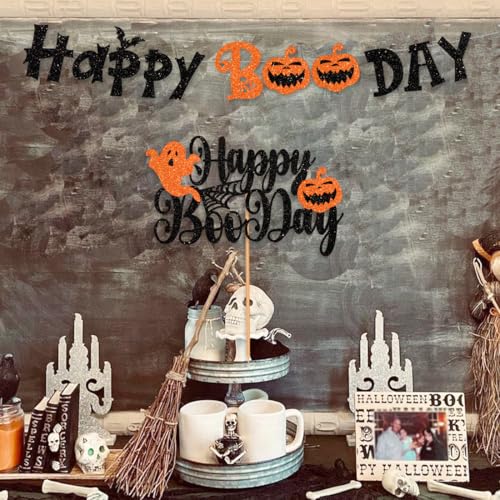 Halloween Banner and Cake Topper Set - Glitter Black Happy Boo Day Decorations