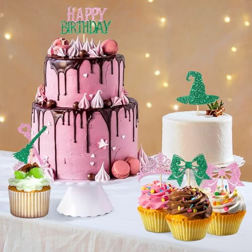 Witch Birthday Cupcake Toppers Set - Pink and Green Witch Themed Decorations, 48 Pieces