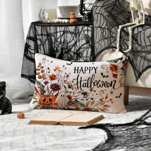 Halloween Pillow Covers 12x20 Inch Pumpkin Ghost Bat Decor - Black Variation