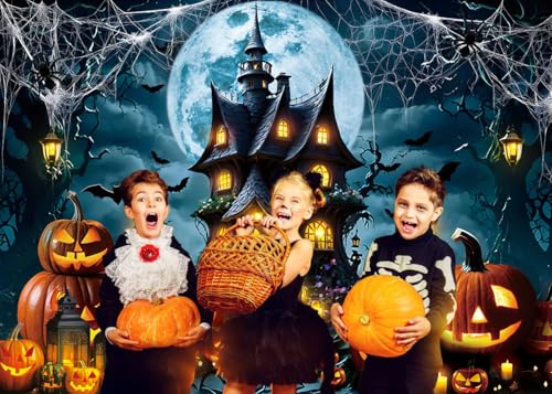 Halloween Horror Castle Backdrop 7x5FT Full Moon Night Pumpkin Lantern Bats Web Scene