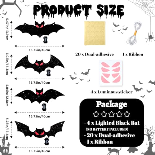 Lighted Halloween Bats Decor - 4PCS Outdoor Indoor Hanging Bat Set - Red Variation