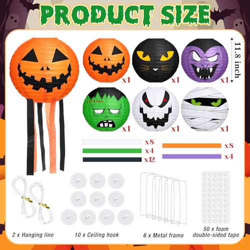 Halloween Hanging Paper Lanterns Set - 6 Color Jack-o-Bat Decorations with Tassels