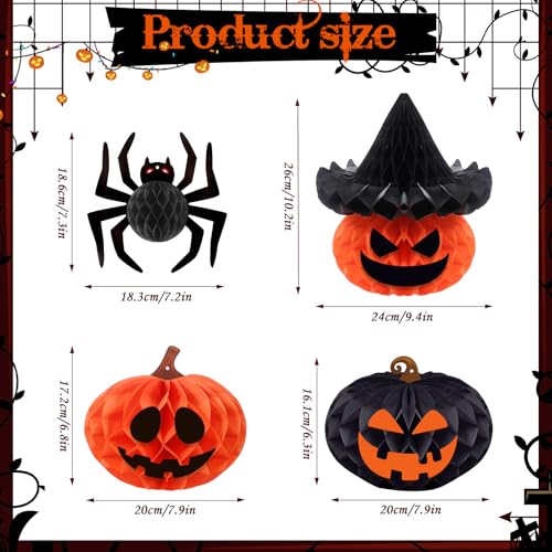 5 Pack Halloween Hanging Decorations - 3D Paper Spider & Pumpkin Set with Stickers