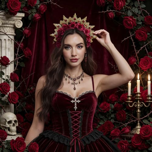 Red Halloween Flower Crown Headpiece for Catrina Costume Gothic Decor