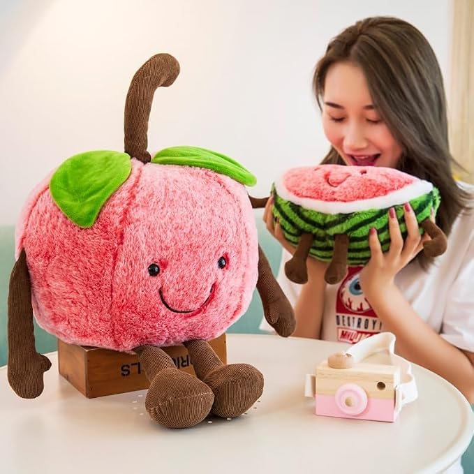 Cute Watermelon Plush Toy - Cherry Variation, Soft Stuffed Fruit Pillow, 13.7 Inch Gift for Kids