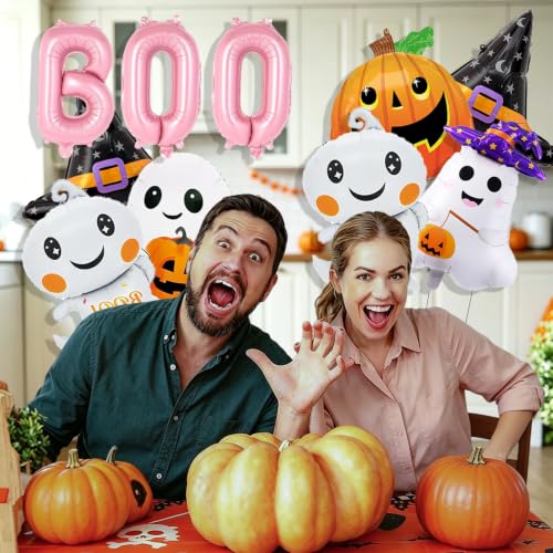 Halloween Foil Balloons Set with Ghost Pumpkin Witch Hat Pink Boo Decorations