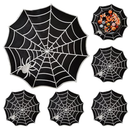 Spider Web Halloween Placemats Set of 6, Black Cotton Washable Table Mats