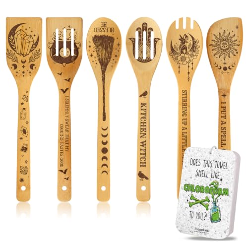 Halloween Kitchen Utensil Set with Witch Towel - 6 Bamboo Cooking Spoons & Gifts for Women