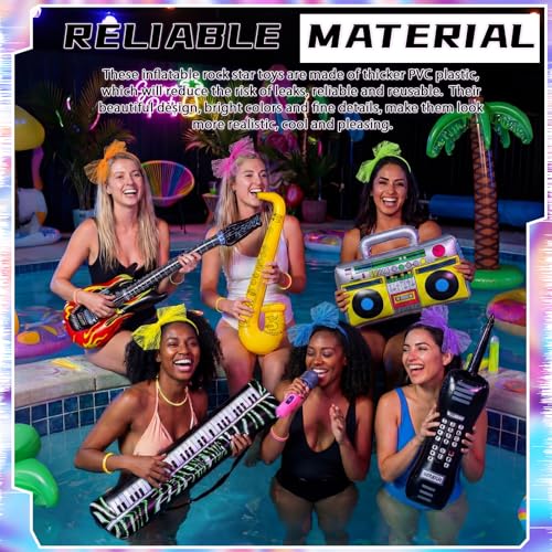 Inflatable Rock Star Toy Set with Guitars Microphones Neon Accessories for 80s 90s Party