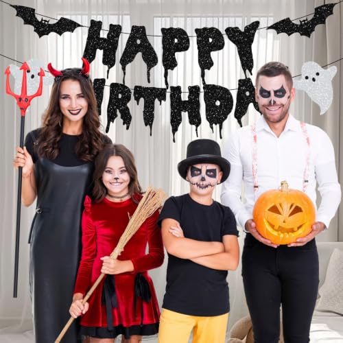 Halloween Birthday Banner Set - Glitter Paper Garland with Bats Skulls Ghosts