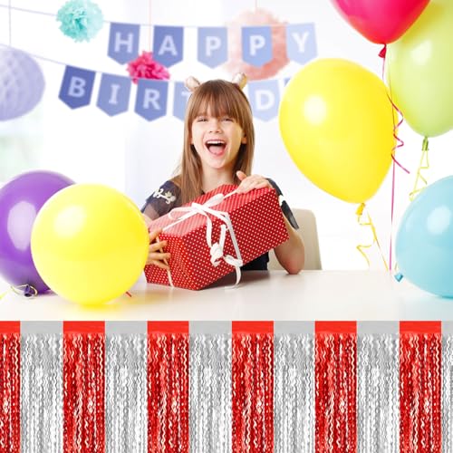 Red Silver Wave Foil Fringe Table Skirt - 29x108 Inch Party Decoration
