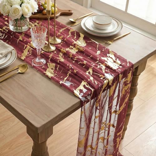 28x120 Inch Burgundy Marble Pattern Gauze Table Runner with Glitter Metallic Foil - Wedding & Party Decor
