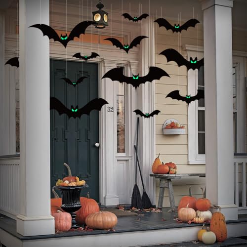 Halloween Hanging Bat Decorations Set - 18 Waterproof Creepy Bats with Glowing Eyes for Outdoor Yard and Party Decor