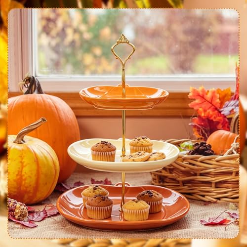 3-Tier Ceramic Pumpkin Serving Tray - Fall Thanksgiving Cake Stand with 7, 9, 11 Inch Sizes - Pumpkin Variation