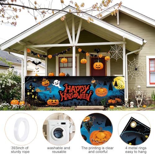 Halloween Fence Banner 118x35 Inch - Outdoor Waterproof Yard Decoration with Ghosts & Pumpkins - 10x3FT Variation 283-1