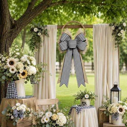 Black White Stripe Halloween Fall Bows - 2 Pcs Rustic Wreath Decorations - Variation of Black White