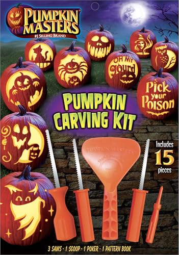 15 Piece Pumpkin Carving Kit with Saws Scoop Pattern Book for Halloween - Includes 3 Saws, 1 Scoop, 1 Poker, 10 Patterns