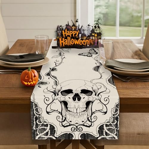 Halloween Gothic Skull Table Runner - 13 x 72 Inch Seasonal Dining Decor