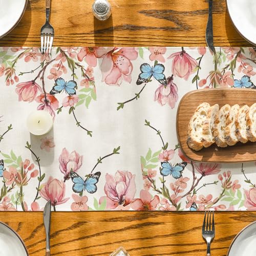 Flowers Bird Butterfly Spring Table Runner for Kitchen & Dining, 13x48 Inch