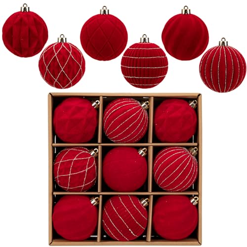 Hollyone Red Velvet Christmas Ornaments Set - 3.2 Inch Shatterproof Xmas Balls, 9Pcs Holiday Tree Decorations