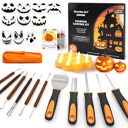 Halloween Pumpkin Carving Kit with Stainless Steel Tools & Stencils - Safe & Reusable
